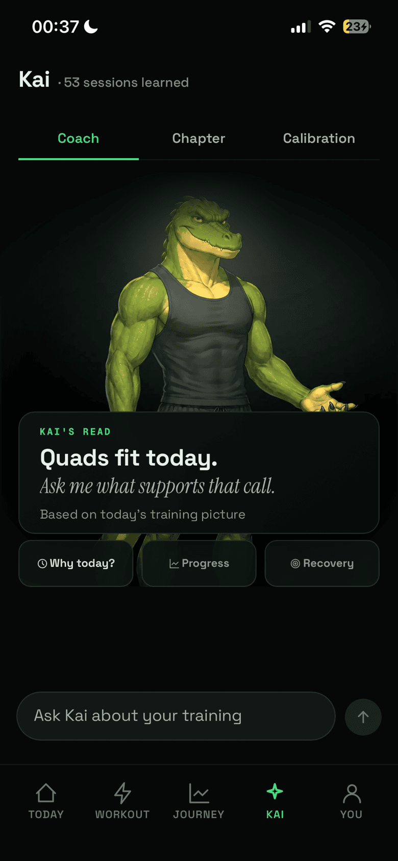 Kai, the Bask coach, showing today's read and quick questions about progress and recovery.