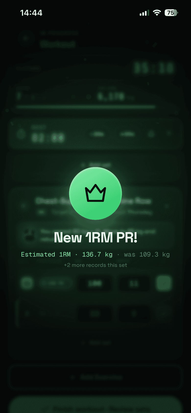 A live Bask workout: last week's weights already filled in, rest timer running, and a new estimated 1RM personal record firing mid-session.